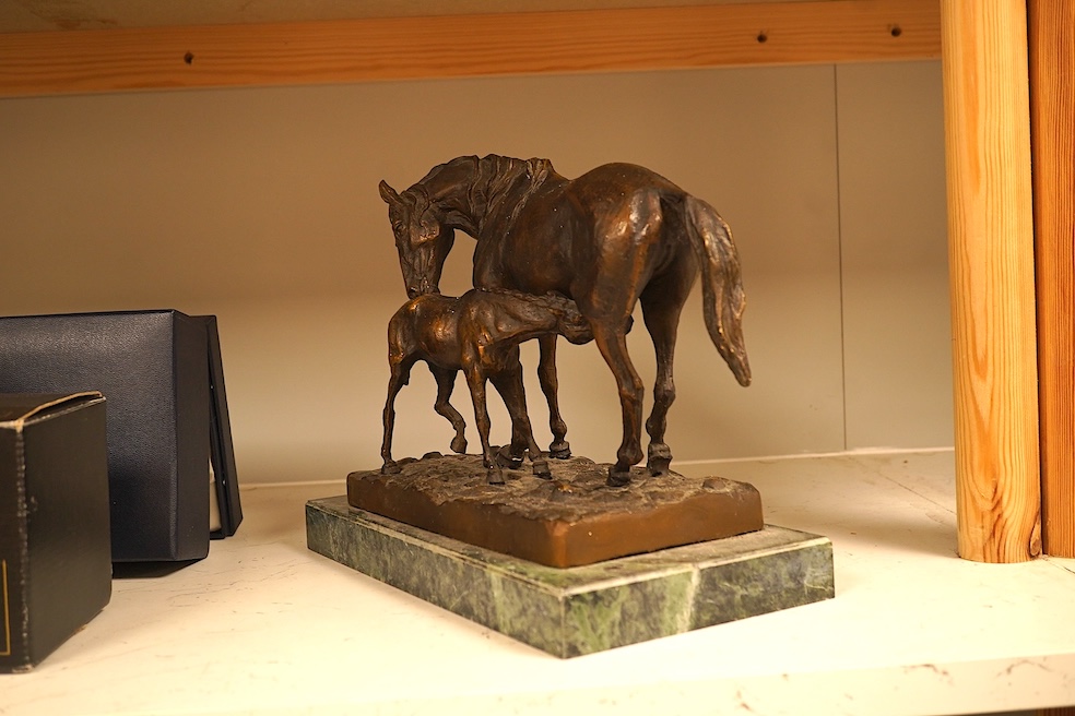 After C. Fratin, bronze study of a horse and foal, signed, on marble plinth, 29cm wide